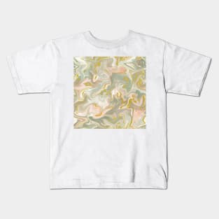 Silver Sage with Gold Silk Marble - Light Sage Green, Peach, and Off White Liquid Paint Pattern Kids T-Shirt